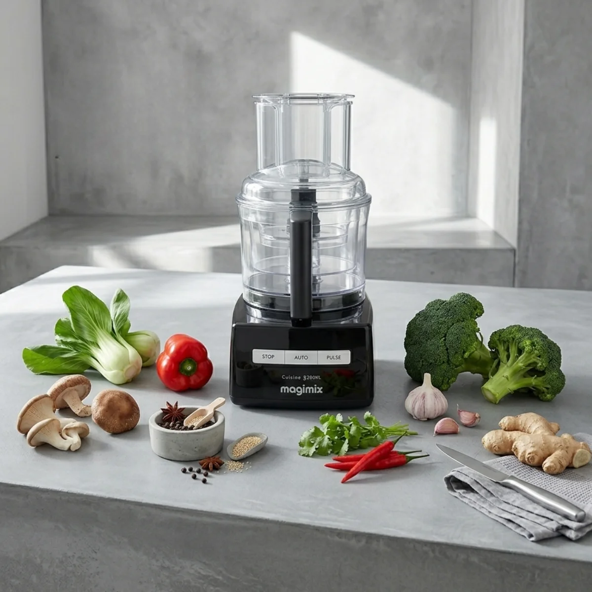 Alt-tekst: Magi mix CS 5200 XL Mat Chroom met verschillende snijschijven